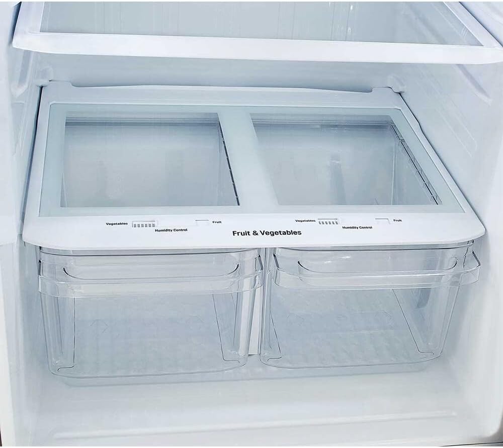 Close-up view of the humidity-controlled crisper drawers in the LG refrigerator.