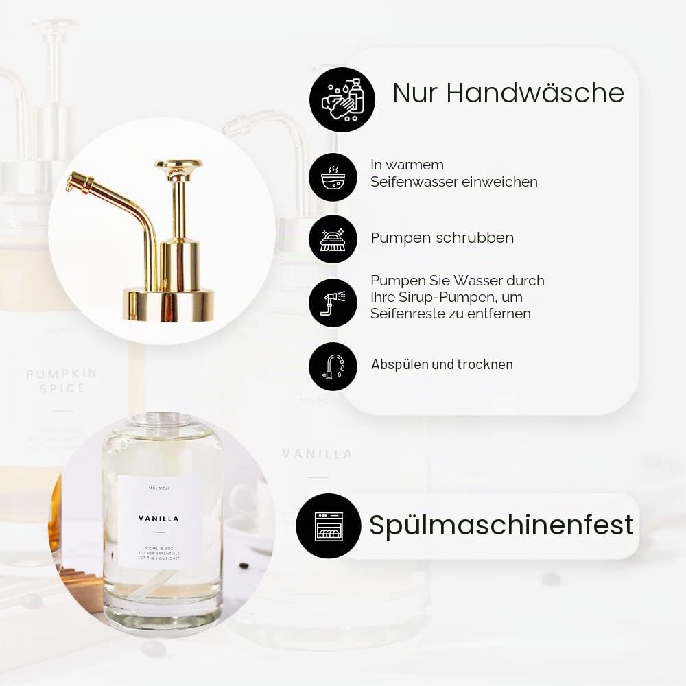 MoliMoli Kaffeesirupspender für Kaffeebar, Kaffeepumpenspender, Glassirupflasche mit Pumpen und Etiketten, 16 oz 500 ml, 2 Stück, Gold