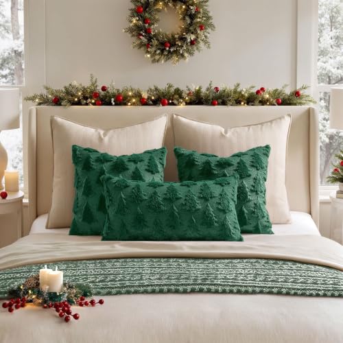 Image of MIULEE Christmas Throw Pillow Covers Lumbar Dark Green Christmas Decorations Xmas Tree 12x24 Pillow Covers Soft Plush Faux Wool Pillowcases Holiday Festivals Winter Home Decor Sofa Couch Bed Porch