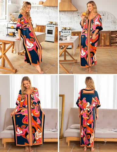 Image of Bloggerlove Women Nightgowns Cotton Caftan House Dress Short Sleeve Sleepwear Vacation Beach Moo Moos Dress with Pockets