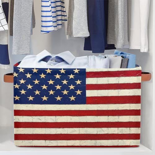 Image of Usa Flag Storage Baskets for Organizing, Fabric Collapsible Storage Bins Box Vintage American Flag Decorative Toy Organizer Baskets for Closet Shelves Gift Basket 2Pcs