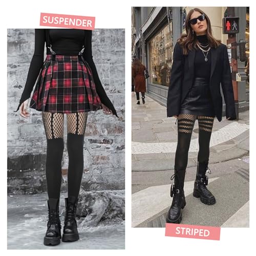 MANZI Faux Thigh High Tights Mock Suspender Pantyhose Striped Goth Fishnets Pack of 22