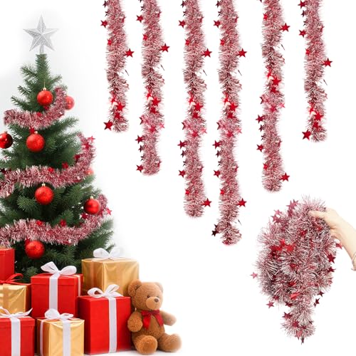 Ghirlanda Natalizia, 6Pezzi Ghirlanda di Natale Orpelli Natalizi, 3M Ghirlanda Albero di Natale, Garland Orpelli Natalizi, per Casa Interni ed Esterni Decorazioni Natalizie DIY, mit Stella (Rosso)