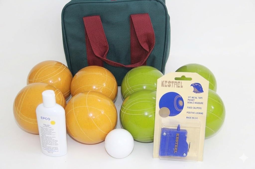 BuyBocceBalls Listing - Made in USA, Premium Quality Tournament Bocce Set - 110mm Rustic Green and Yellow Balls, Ball Polish, Kestrel Measuring Device and Green/Maroon Bag