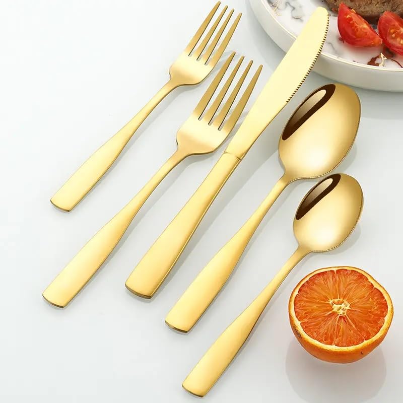 Image of aDai Premium Cutlery Set | Stainless Steel Tableware | Mirror Finish | Includes Spoon Fork Knife & Teaspoon | Elegant Flatware Set for Dining, Parties & Gifting (Gold, Set of 20)