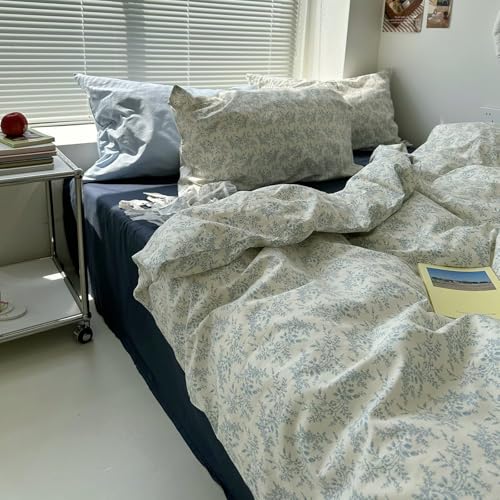 Image of MKXI Full Duvet Cover Set Blue White Floral Print - Vintage Chinoiserie Boho Comforter Cover with Pillowcases, 100% Cotton Coastal Bedding for Bohemian & Transitional Style Bedroom