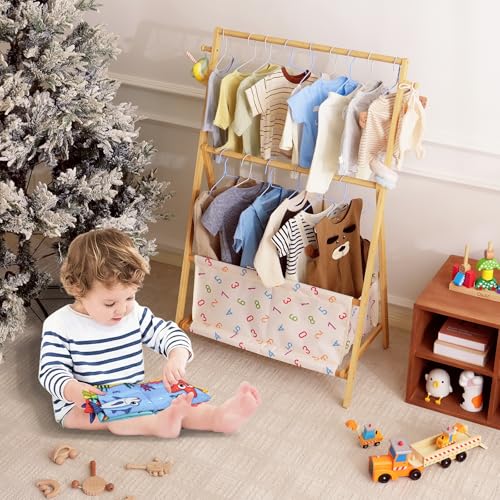 Baveke Kids Clothing Rrack- Kids Dress Up Rack for Little Girls, FSC-Certified Bamboo Kids Clothes Rack, Toddler Dress Up Storage Rack & Folding Costume Rack, Double Rods, Pets Clothes Rack, Number — view 3