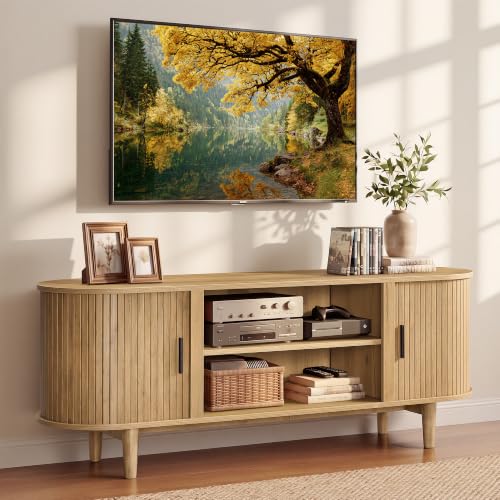 VASAGLE TV Stand for 65-Inch TVs Mid Century Entertainment Center with Storage Fluted Sliding Doors Media Console Table for Living Room Bedroom Sand Brown ULTV633K201