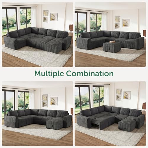 Image of HONBAY Modular Sectional Sleeper Sofa with Pull Out Bed,Corduroy U Shaped Couch with Storage, Sectional Couches for Living Room,Dark Grey