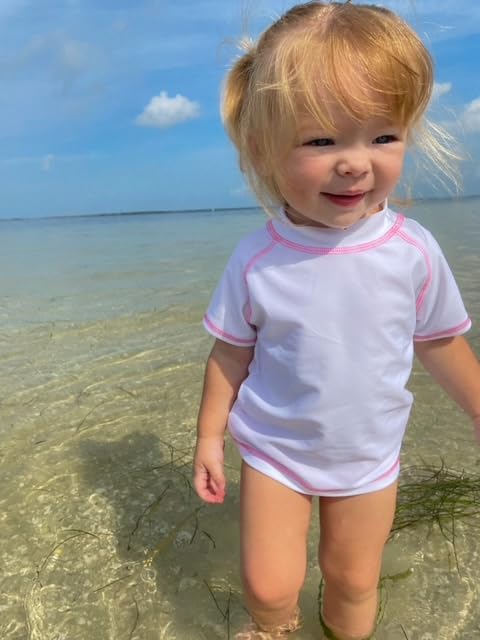 Made in USA Short Sleeve Little Girls' Rashguard Swimming Suit Swim Tshirt Tee UPF50+ Sun Protection for Beach Pool Summer Fun, SS Medium Pink/White, 6 - Image 5