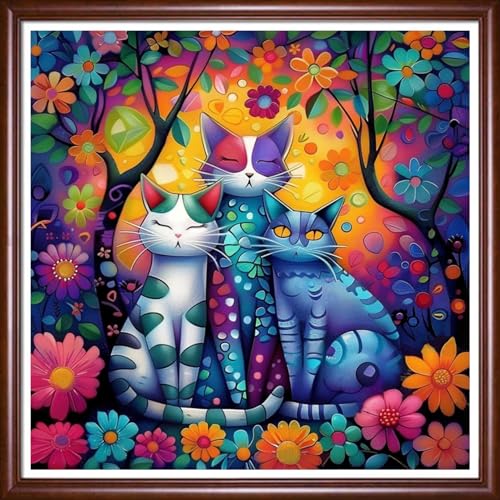 Image of Findvoor Stamped Cross Stitch Kits for Beginner Embroidery Kits for Beginners Adults DIY 11CT Cross Stitch Patterns Needlepoint Kits Crossstitching Kits-Colorful Tree Cat 18x18 inch