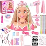 KUBUSFLY 44Pcs Hair Styling Doll Head Toys for Girls, Kids Makeup Hair Salon Pretend Play Styling Kit with Hairdryer, Straightener, Beauty Hair Toy Christmas Birthday Gift for Toddler Girls 3 4 5 6+