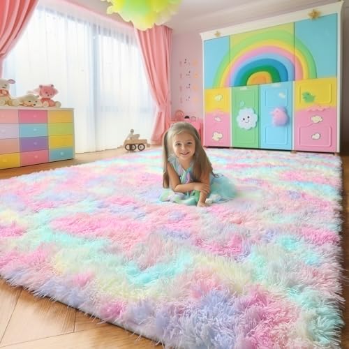 Amdrebio Rainbow Area Rugs for Girls Bedroom Kids Room Decor, 9x12 Large Pastel Colorful Rug for Playroom, Cute Unicorn Shaggy Rugs for Baby Princess, Kawaii Fluffy Plush Big Carpet for Living Room