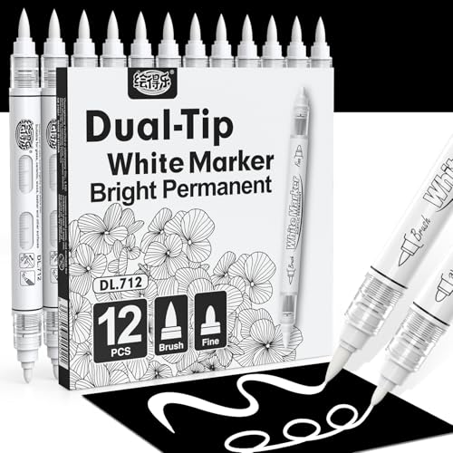 Image of Guangna Dual Tip White Acrylic Paint Markers, Brush & Fine Tip, Direct Liquid Ink System White Permanent Pens for Fabric, Plastic, Rock Painting, Wood, Glass, Ceramic, Canvas, Stone, DIY Crafts