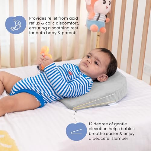 Image of Cherilo C Shaped Elevated Wedge Pillow for Baby Crib & Mattress, Elevate Baby to Prevent Acid Reflux, Colic, GERD, Heat Burn & Vomiting | 15 inch x 12 inch x 3 inch | - with Removable Velvet Cover - Grey