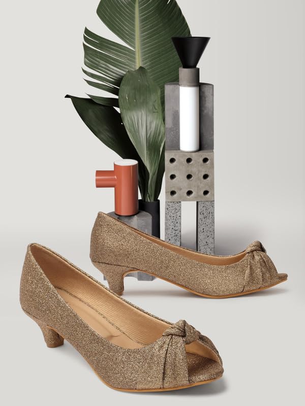 Image of XE Looks Women's Low Heels | Sparkling Peep Toe Pumps with Chic Knot Design Peep Toes for Girls & Women