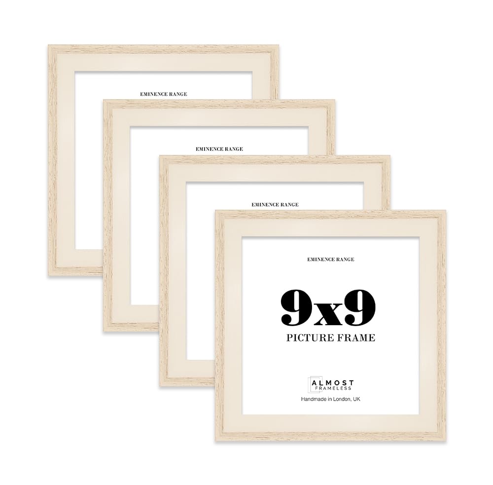 9x9" Oak Picture Frame - Rustic Wood Industrial Effect Photo Frame for Wall Display, Ideal for Posters, Prints & Home Décor, Wall Hooks and Kickstand, 32mm Edge - 4 Pack