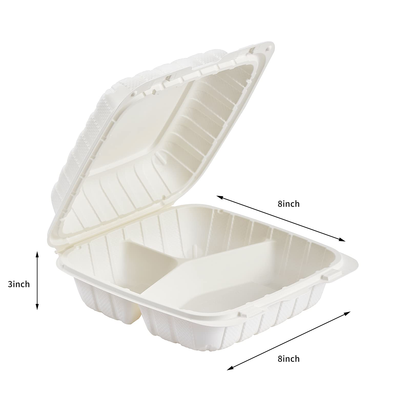 Jaluxing Paquete de 50 recipientes de plástico con bisagras de 8 x 8 pulgadas, 3 compartimentos, para llevar, para restaurante, preparación de comidas, catering, contenedor con bisagras