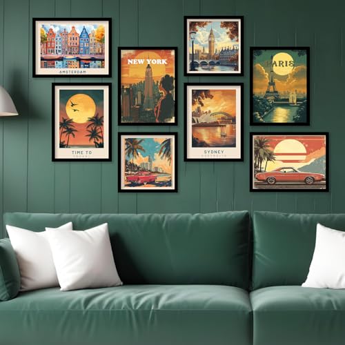 Image of kotart Retro Travel Theme City Vibes Wall Decor Photo Frames - Modern Art City Vibes Wall Decor Photo Frames - Wall Poster with Frame for Room Office Living Room Hotel Home Decor Set of 8 (Art 3, Big(13x17 or 13x13 inch), Framed)