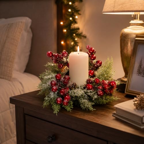 Image of 6 Pcs 9inch Christmas Candle Rings Wreath Mini Christmas Table Centerpieces Red Berry Pinecones Wreaths for Kitchen Cabinet for Farmhouse Xmas Front Door Porch Wall Decoration