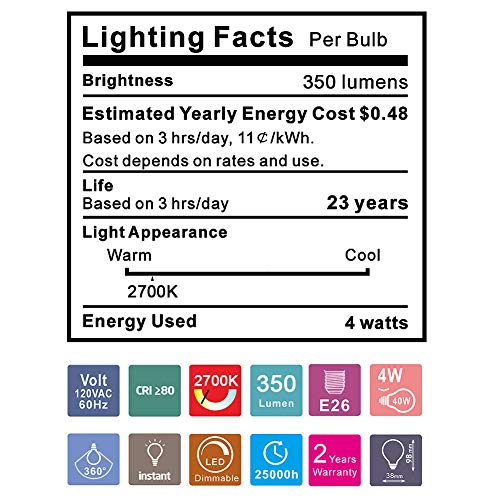 Emotionlite Led Light Bulbs, E26 Dimmable Vintage Edisontubular Bulb, 40W Equivalent, Warm White, 4W 2700K, 350Lm, Medium Base, Ul Listed, 6 Pack #TOP4