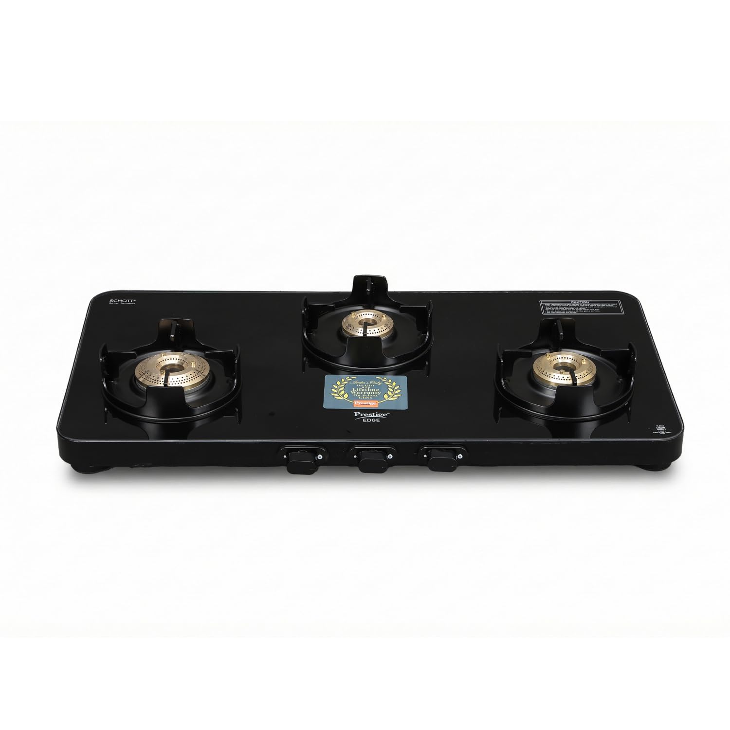 prestige edge schott glass-top 3 brass burner gas stove | black ultra-slim body | jumbo burner | pan support with flame protection guard