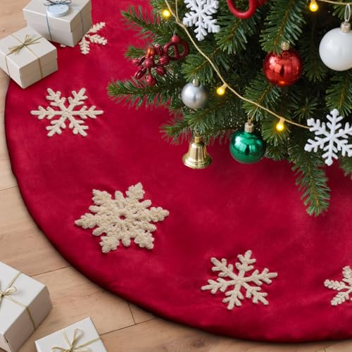 Image of Lanpn 90cm Embroidered Christmas Tree Skirt, Soft Velvet Xmas Tree Stand Base Cover with Embroidery Snowflake for Large Tree Winter Holiday Indoor Christmas Tree Decor (Red, 36 inch)