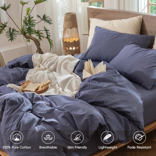 Image of MooMee Striped Duvet Cover Set 100% Washed Cotton Linen Like Queen | Relaxed Linen-like Texture. Soft, Breathable & Long-lasting Comfort. Lightweight. Hidden Zipper with 8 Interior Corner Ties