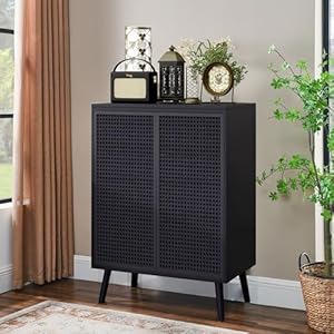 Modern and simple black rattan storage cabinet metal rattan accent cabinet with double doors buffet storage for living room hallway entryway dining room bedroom black  urban country home decor