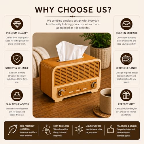 Image of Retro Wooden Tissue Box with Storage Drawer | Vintage Tissue Paper Holder for Home, Office & Car | Multipurpose Decorative Organizer Box