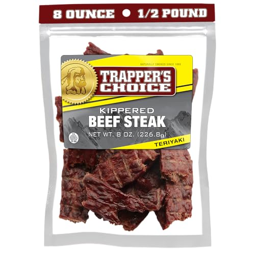 Image of Old Trapper, Trapper's Choice Teriyaki Kippered Beef Steak, Eight-Ounce Individual Package, Savory Sweet Meat Snacks, 10 Grams of Protein and 60 Calories Per Serving (Pack of One)