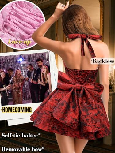 Image of ShawGobow Jacquard Corset Dress,Deep V Halter Mini Dresses with Bow Back,Sexy Birthday Outfits Women Homecoming Prom Formal