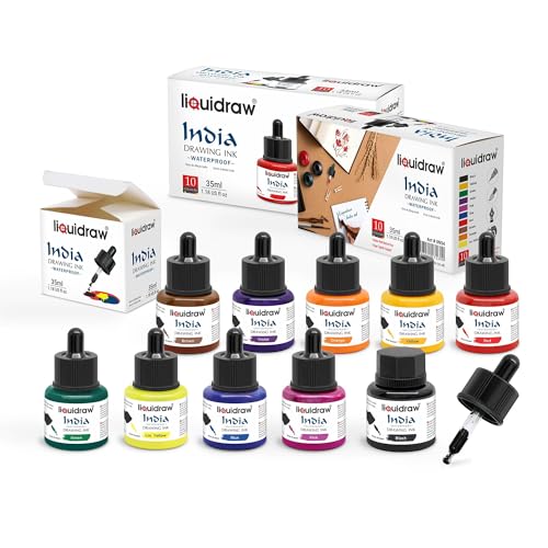 Liquidraw - Liquidraw Waterproof Coloured Drawing Ink with Dropper | 10 x 35 ml Bottles | Set of Assorted Colours | India Ink for Calligraphy, Pens, Brushes & Dip Pens | Ideal for Drawing, Writing & Art Projects