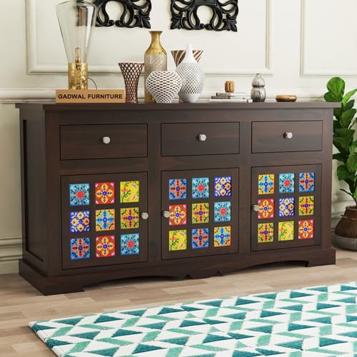 Image of Handcrafted Solid Sheesham Wood Wooden Cabinet & Sideboards with 3 Drawers and 6 Shelves for Living Room or Bedroom Storage (Boho, Walnut Finish)