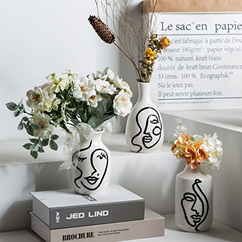Ceramic Vase For Home Decor, Modern White Abstract Irregular Design Flower Vase, Minimalist Creative Human Face Ceramic Vase, Minimalist Decorative Abstract Vases For Pampas Grass (Mini Set Of 3) #TOP4
