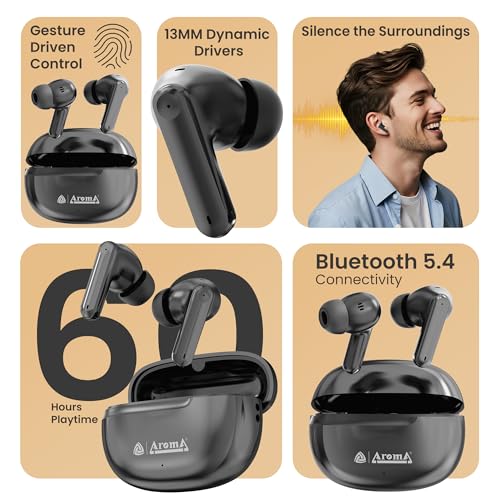 Image of AROMA TWS3 Vibe V5.4 True Wireless Earbuds, Midnight Black | up to 60H Playtime, ENC, Fast Charging, Heavy Bass, Bluetooth