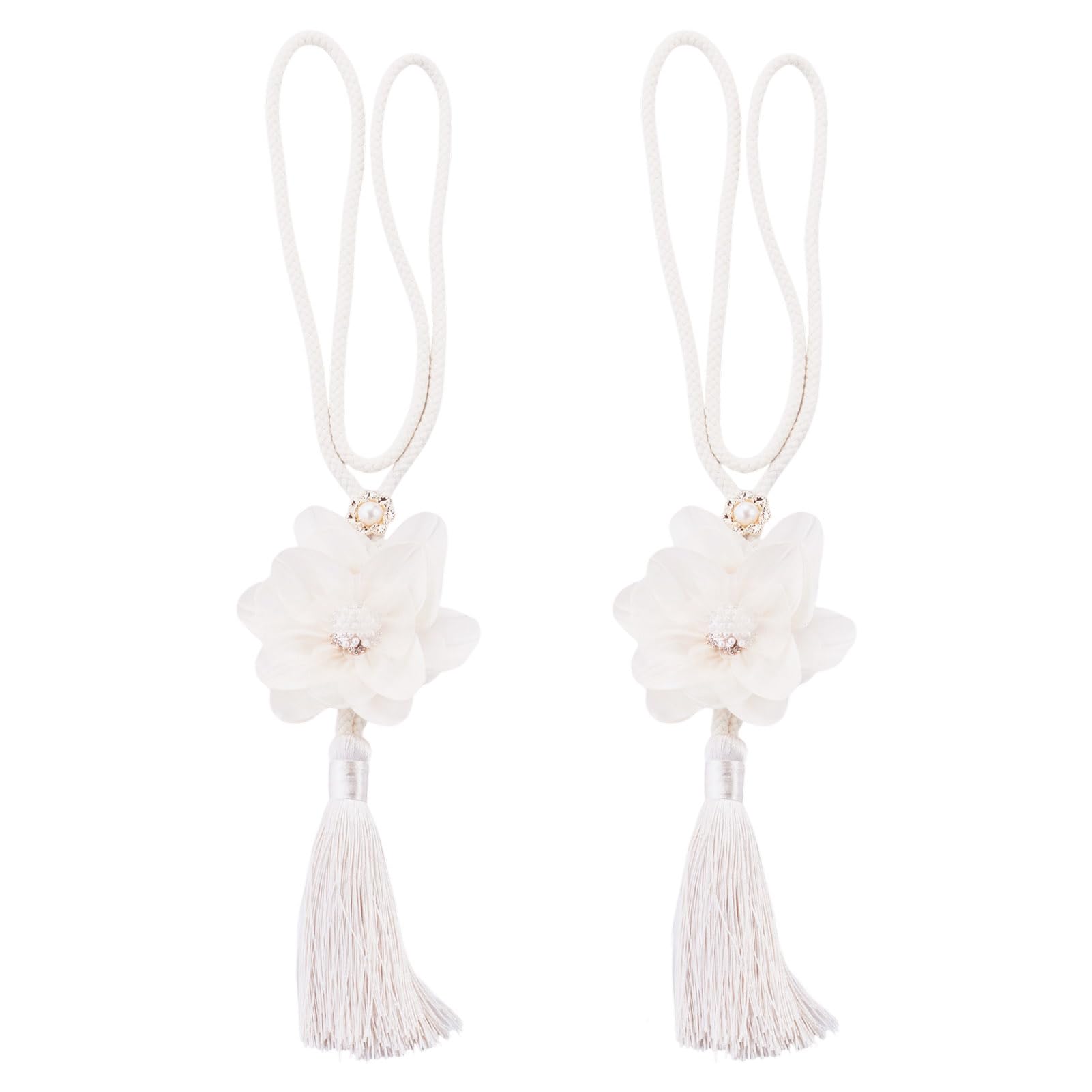Bestewelry 2 pcs Flower Curtain Tiebacks 610mm Flower Tie Backs for Curtains Adjustable Floral Tassel Curtain Holdbacks for Living Room Bedroom Wall Window Decoration, Beige