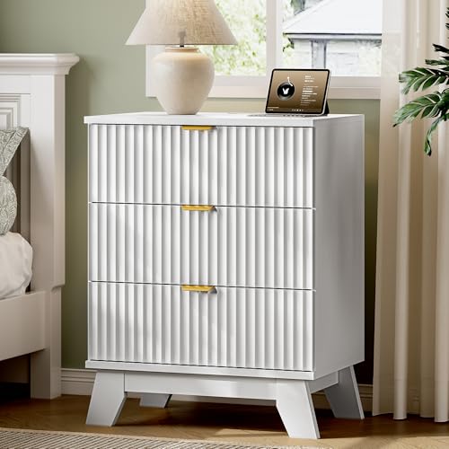 Image of Xixini Fluted Nightstand with Charging Station, Tall Bedside Table, White