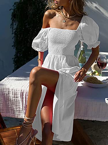 Women's Summer Casual Puff Sleeve Dress Square Neck Smocked Off Shoulder Boho Side Split Midi Dresses #TOP2