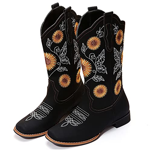 Cowboy Boots Women Sunflower Embroidered Western Cowgirl Boots Square Toe Tall for All Season Occasions, Brown2