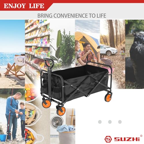 Image of SUZHI Small Foldable Wagon & Shopping carts with Wheels for Groceries, Black Wagon Carts Foldable, Apartment,Garden&Grocery Wagon, Collapsible Wagon Lightweight (2 Colors Optional)