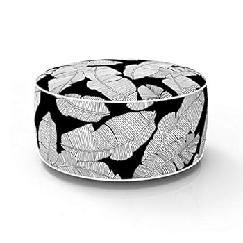 Alternative view of Hofdeco Inflatable Ottoman Portable Foot Stool, Used for Indoor Outdoor Camping, Kids or Adults, Black White Tropical Leaves, Round Poufs