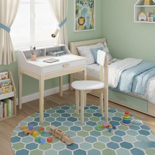 escrivaninha com cadeira para quarto infantil 1 gaveta mdf pes de madeira rustico (Branco)