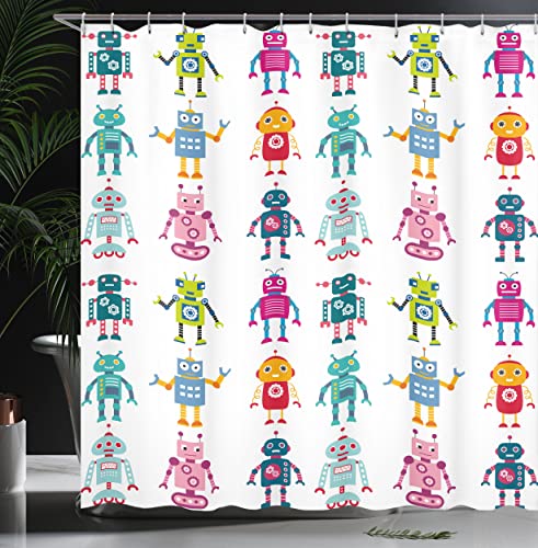 ABAKUHAUS Nursery Shower Curtain, Colorful Cartoon Style Robot Futuristic Funny Mascots Friendly Androids - Image 3