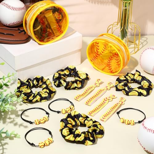 Baderke 48 Pcs Softball Gifts for Team Party Favors Soft-ball Goodie Bag Include 4" Mini Cosmetics Makeup Bag Hair Scrunchies Satin Ties Bracelet for Girl Woman Player Teams Gifts(Softball, Yellow)4