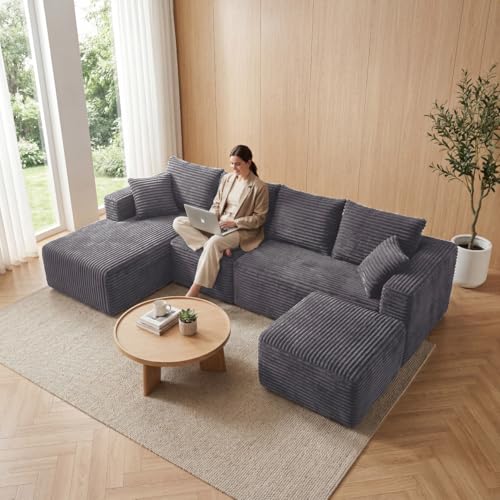 Image of 118 inch Modular Sectional Sofa with Chaise and Ottoman, Oversized U-Shaped Corduroy Cloud Couch, Deep Seat Boneless Couch for Living Room, No-Assembly - Grey(Left Facing Chaise)