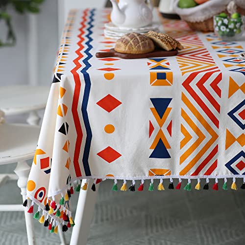 Sutavia Boho Tablecloth Cotton Linen Table Cover Bohemian Table Top With Tassel Vintage For Holiday Party Kitchen Coffee Restaurant Dining Room Indoor Home (Colorful Orange, Rectangular 52"X70") #TOP4