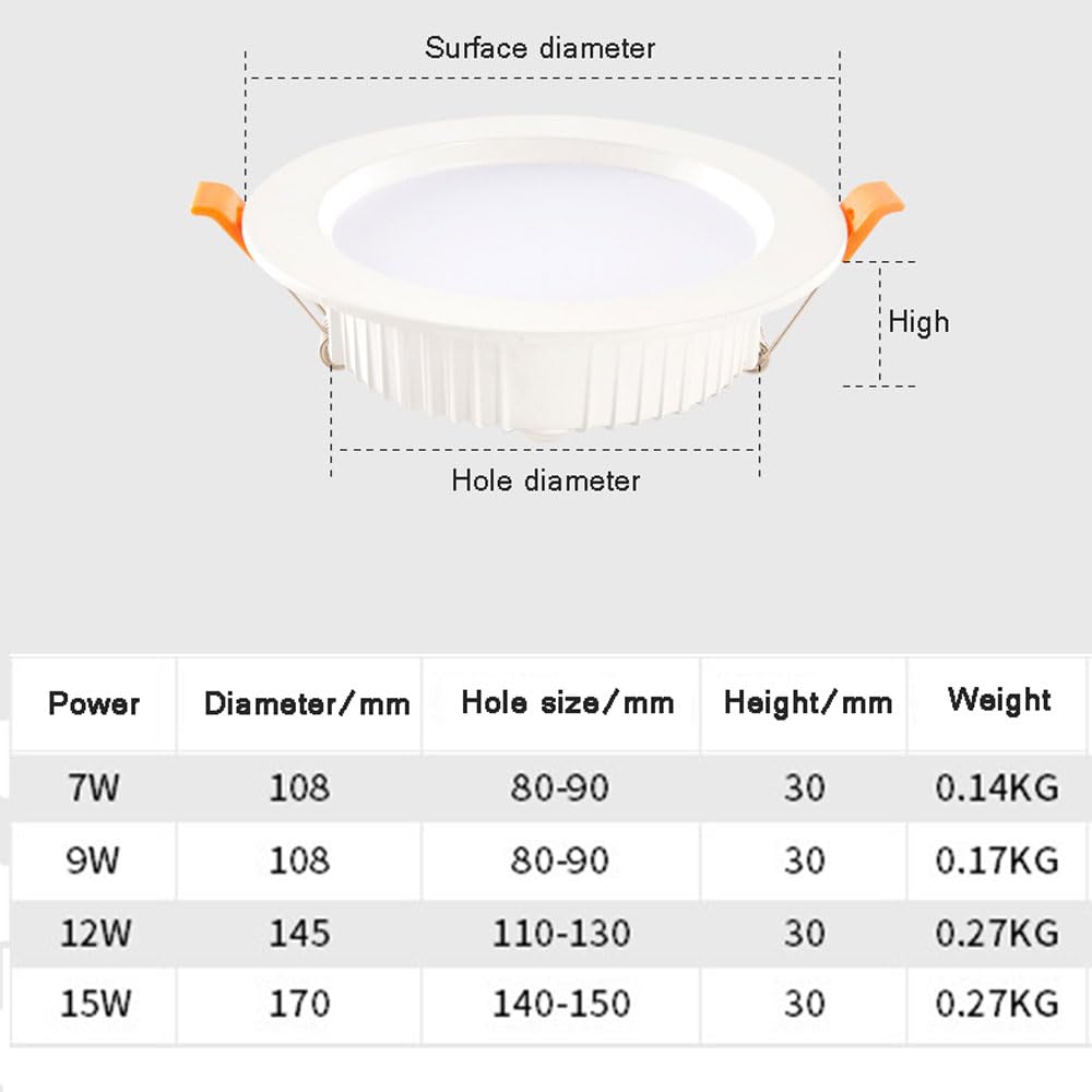 Illuminazione da Incasso a LED, Profilo deflettore, Cri80, 7W, 9W, 12W, 15W, faretto da Incasso a LED Selezionabile 3000K/4000K/6000K, ultrasottile/12W/3000K