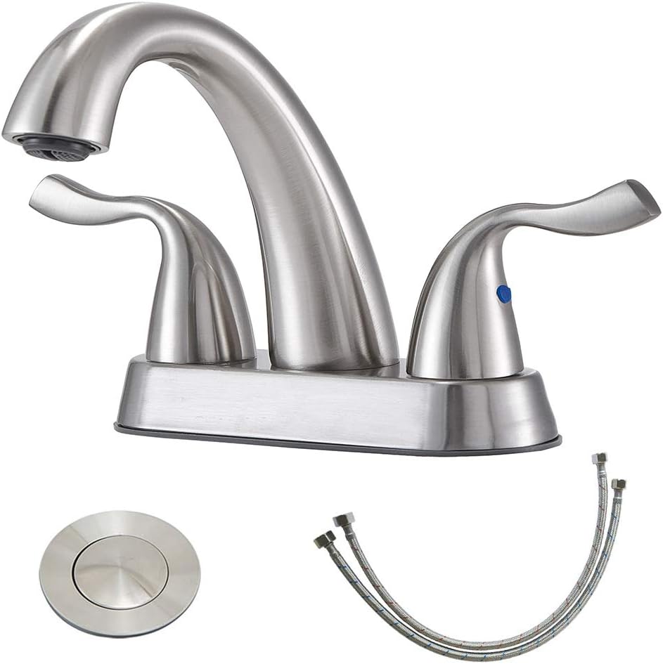Lead-Free 2-Handle Lavatory Vanity Sink Brushed Nickel Bathroom Faucet, Modern Mixer Tap Bathroom Sink Faucet with with Pop-up Drain Stopper and Water Hoses BF027L
