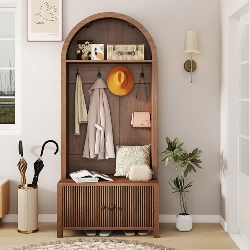 MJADUE Hall Tree with Bench and Shoe Storage, Entryway Storage Bench with Coat Rack, 70.08 Tall Mudroom Rack with 4 Double Hooks and and 2 Fluted Doors, hall tree with storage for Hallway, Walnut